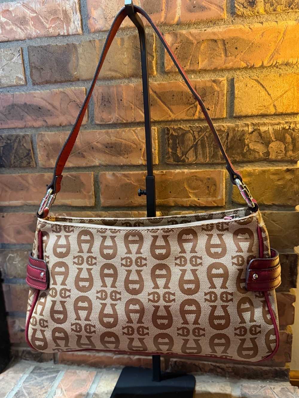 Etienne Aigner Monogram Canvas Hobo Bag with Burgundy Leather Accent EUC - Picture 2 of 10